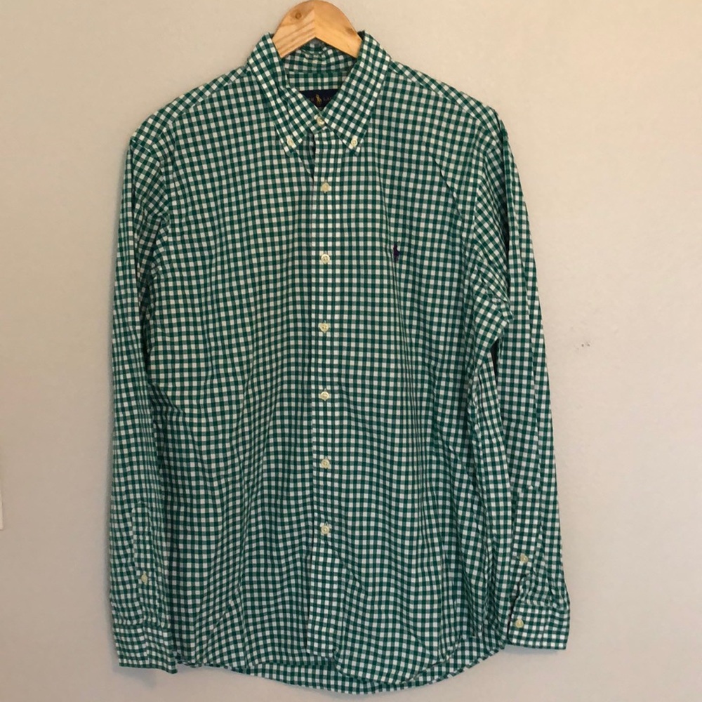 Green & white plaid button down